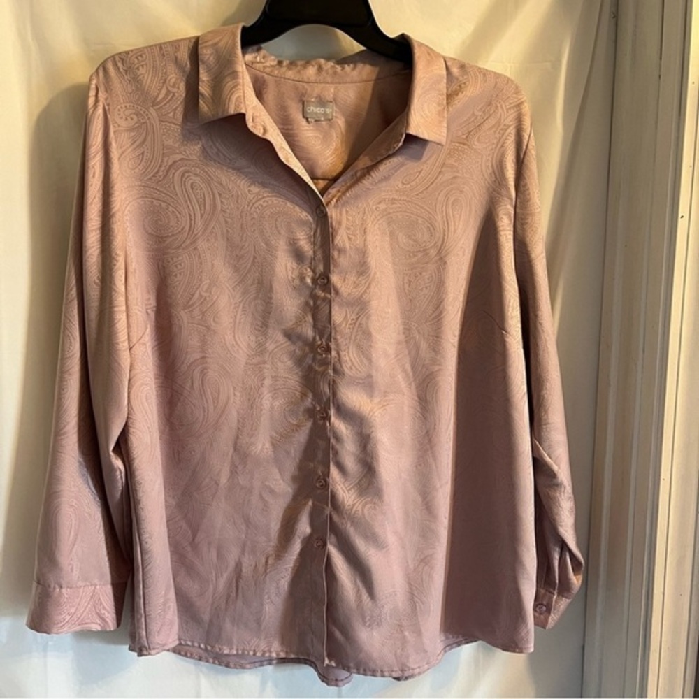Chicos Paisley Jacquard Satin Blouse Size 3X Lilac Career Office Dressy Business